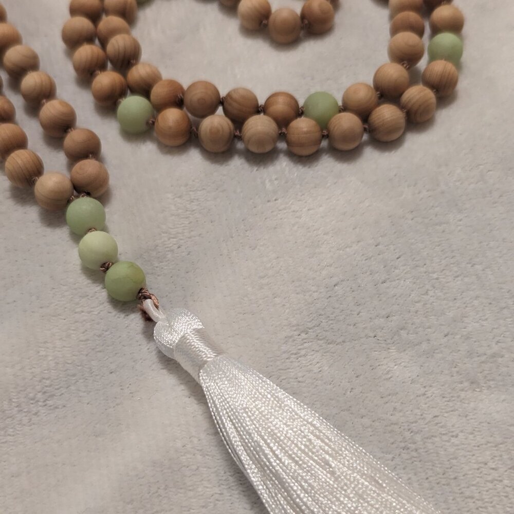 Handmade 108 bead mala Thuja Wood and African Green Jade with white guru tassel